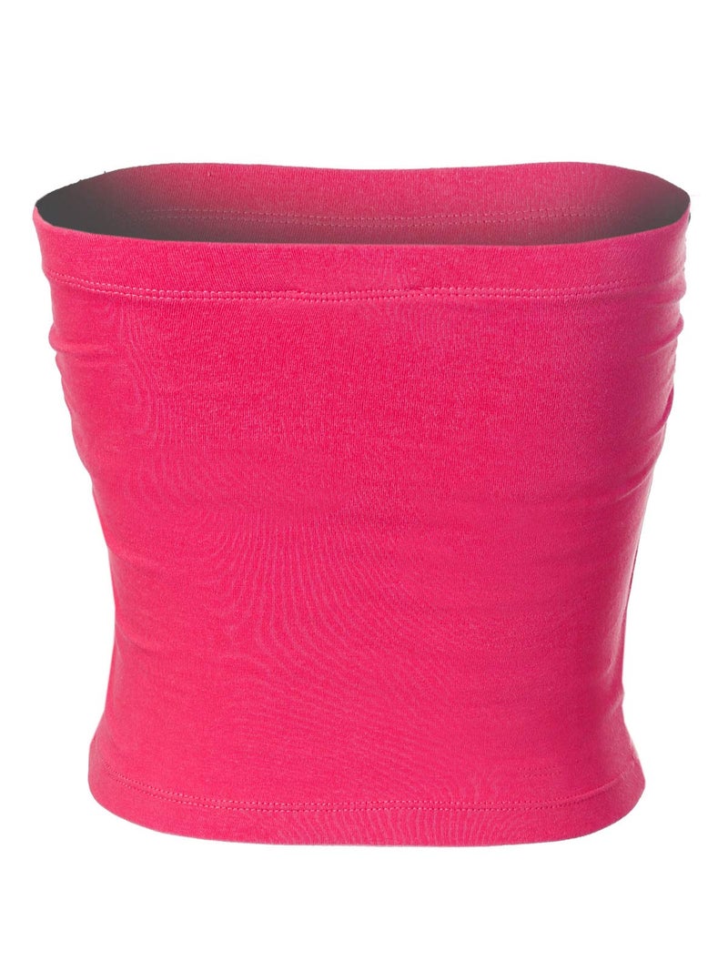 MixMatchy Women's Solid Casual Summer Ruched Side Backless Double Layered Tube Top with Built in Bra Hot Pink - Image 3
